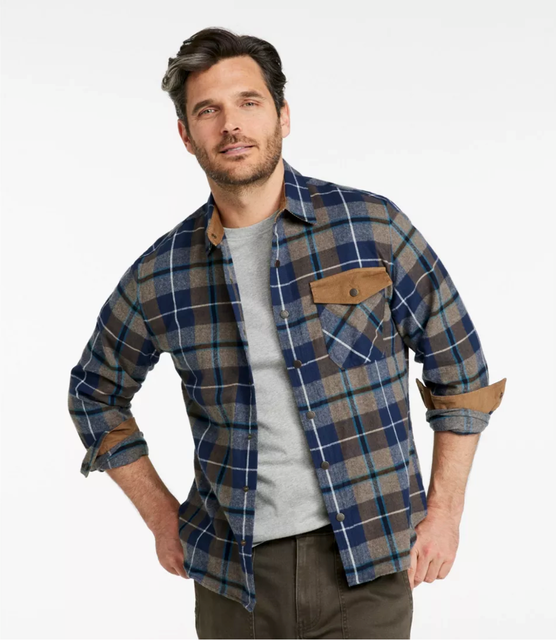 LL Bean Men's Scotch Plaid Flannel Shirt, Snap-Front, Slightly Fitted Untucked Fit