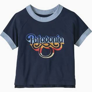 Navy blue t-shirt with colorful Patagonia logo for school, play, or outdoor adventures