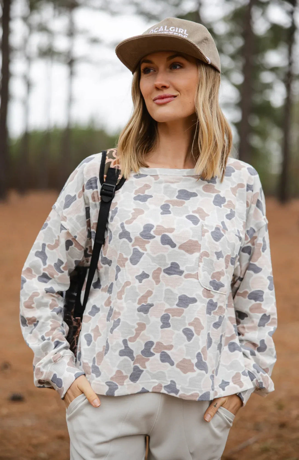 Woman wearing Local Girl Activewear Camo Long Sleeve Sweatshirt-Camo