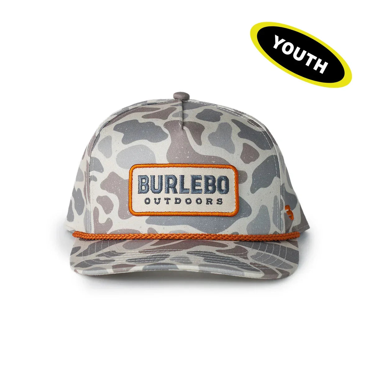 Camouflage-patterned cap with Burlebo Outdoors logo on a white background