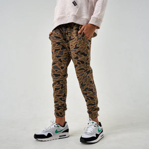 Burlebo Youth Fleece Jogger in Camo with elastic waistband, ribbed cuffs, and soft polyester fabric.