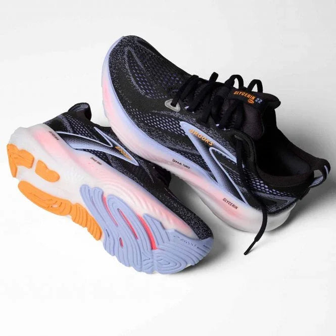 Brooks Women’s Glycerin 22 Black running shoes with orange and blue sole perfect for outdoor, sports, hikers, adventurers. 