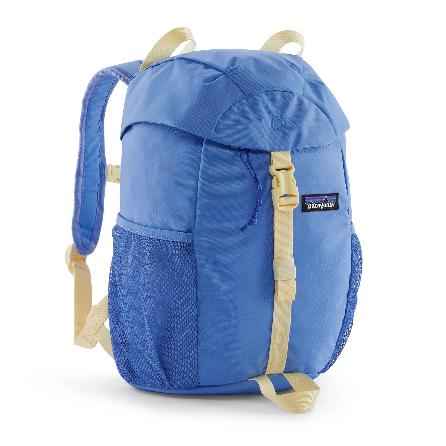 Patagonia Kids Refugito Daypack 12L in blue with zippered compartments, side water bottle pockets, and padded shoulder straps.