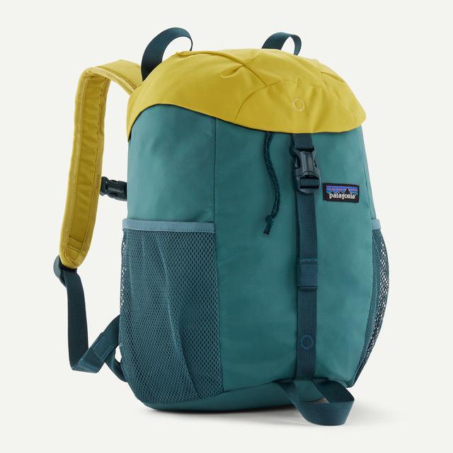Patagonia Kids Refugito Daypack 12L in teal and yellow with zippered compartments, side water bottle pockets, and padded shoulder straps.