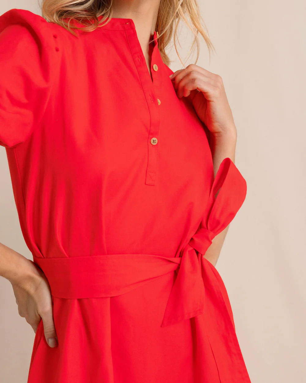 Southern Tide Mary Ann Maxi Dress in poppy red with short sleeves, button‑down front, and waist belt, crafted from soft cotton blend fabric.