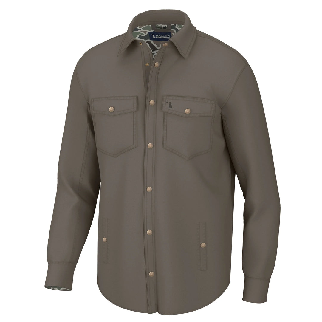 Local Boy Sportsman's Chore Jacket  Brown shirt with button details on a white background.